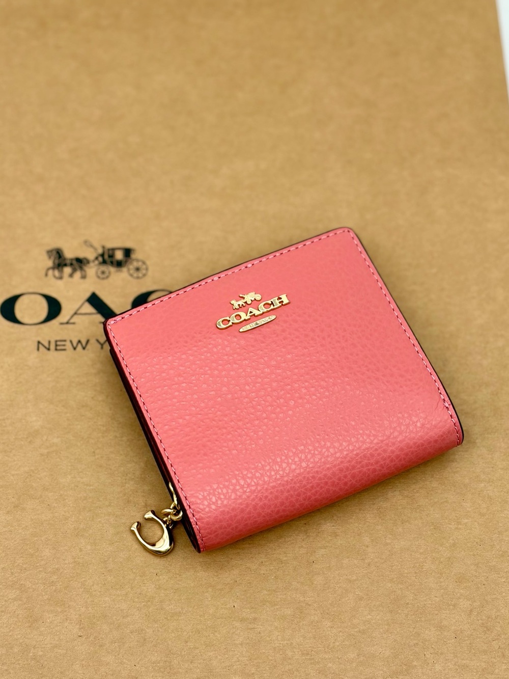 Coach Coral Pink Pebbled Leather Compact Wallet with Gold Logo